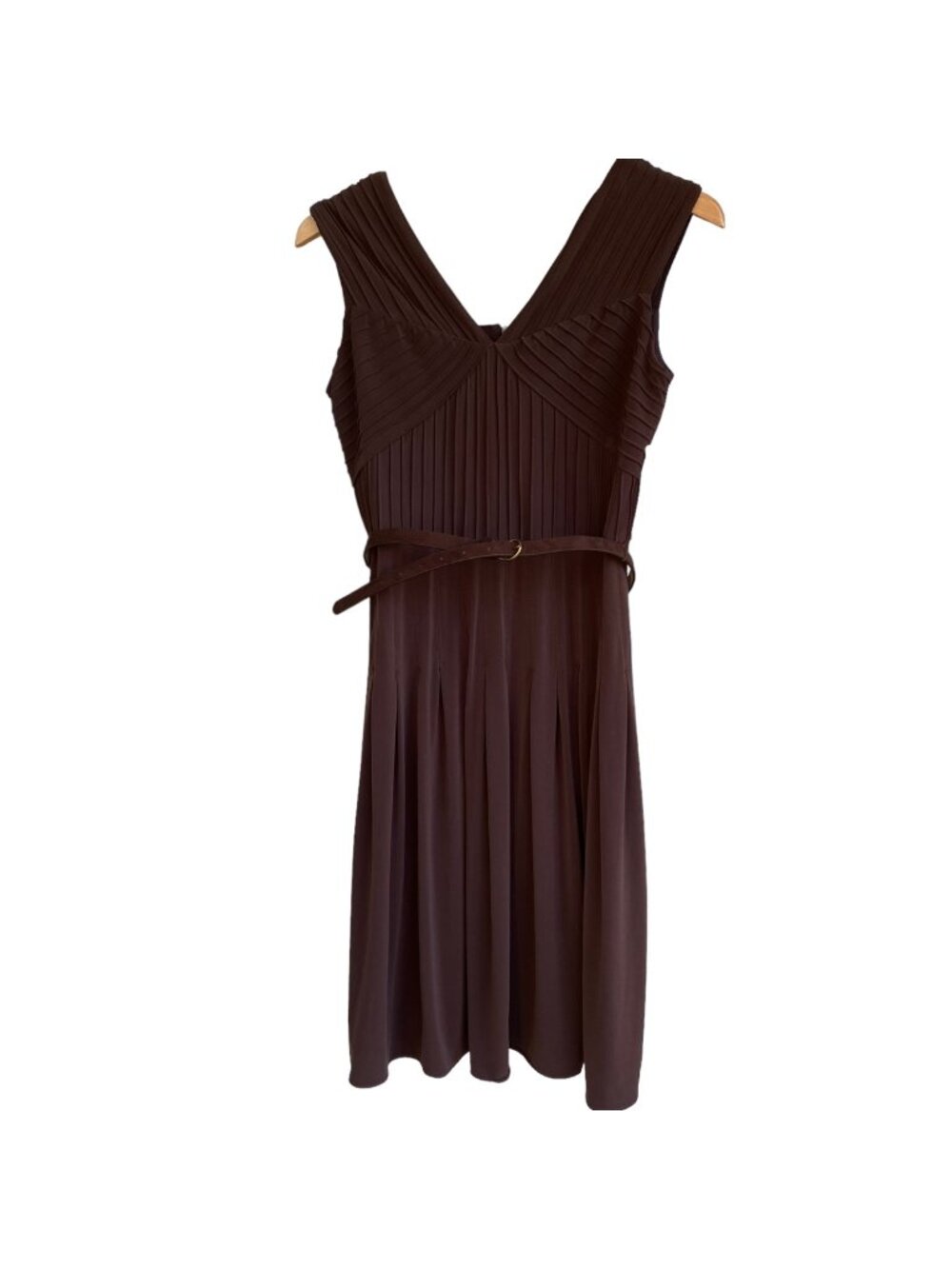 ADRIANNA PAPELL Pintuck Jersey Cap Sleeve Fit N Flare Dress 8 Brown Belt NWT - Picture 1 of 15